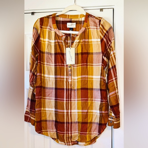 Universal Thread Plaid Shirt in Brown and Gold - Picture 4 of 11